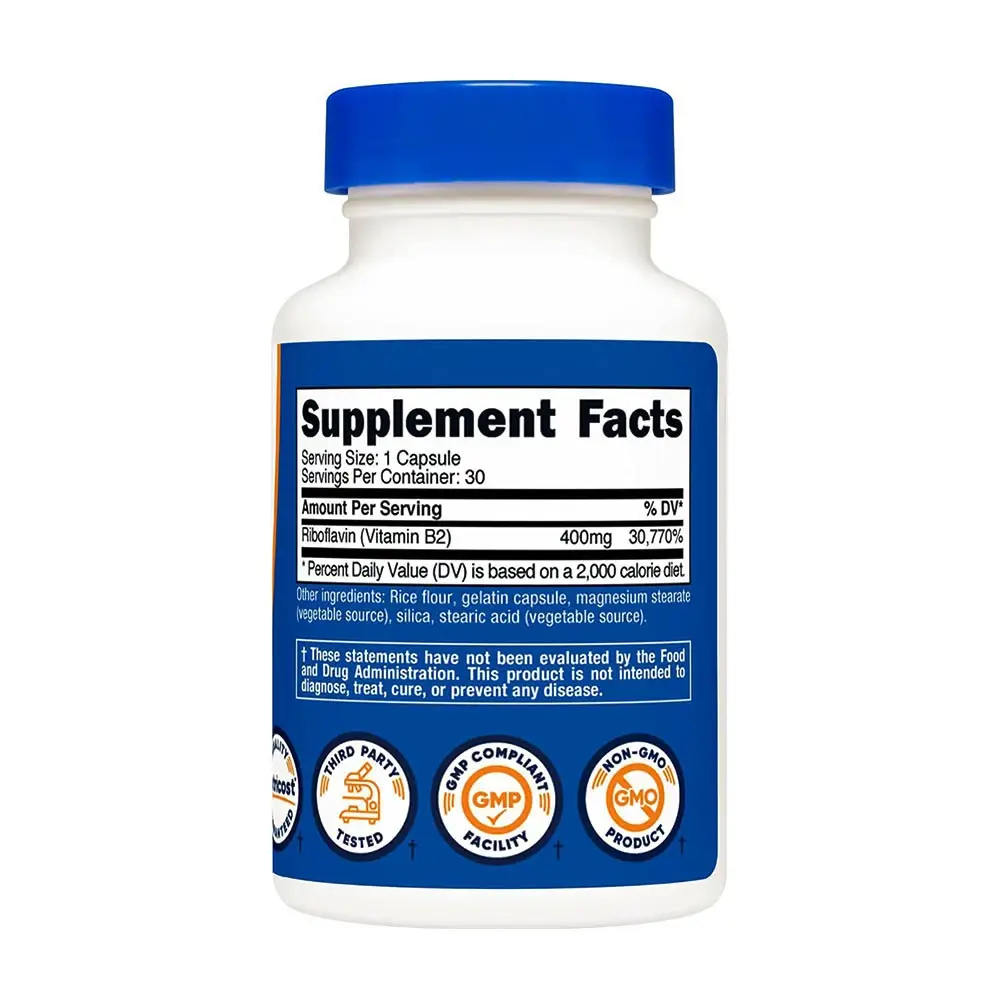 Nutricost Vitamin B2 Riboflavin 400 mg (30 Capsules) - Afbeelding 2