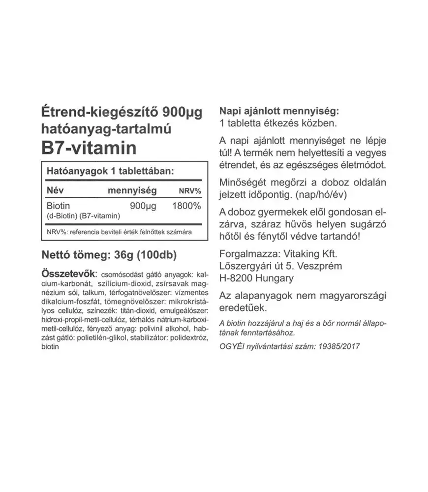 Vitaking B7 Biotin 900 mcg (100 Tabletten) - Afbeelding 2